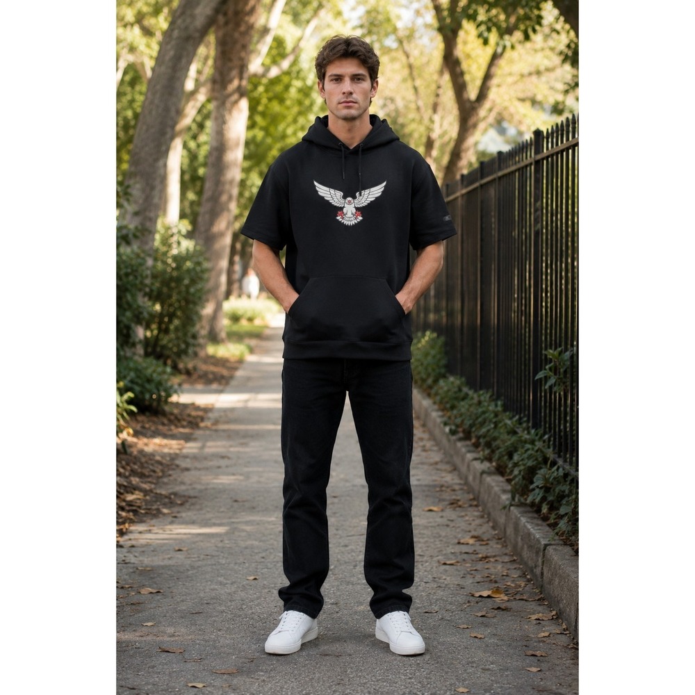Under Armour Black Short Sleeve Hoodie Eagle Graphic‎ Kangaroo Pocket Size XL